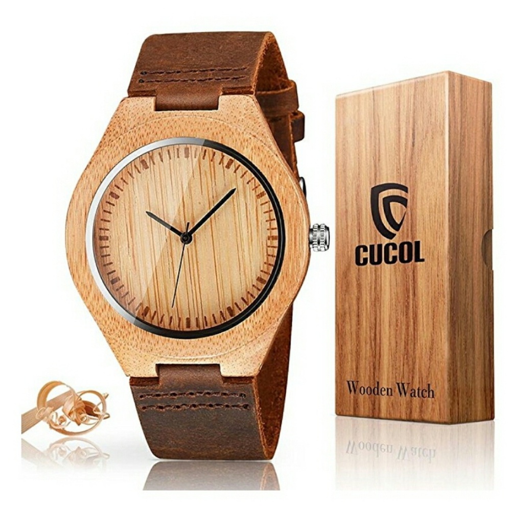 Mens Wooden Watches Brown Cowhide Leather Strap Ca